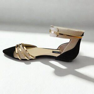 NEW Nine West Womens Brana Ankle  Strap Black Suede Gold Accents Size 7.5